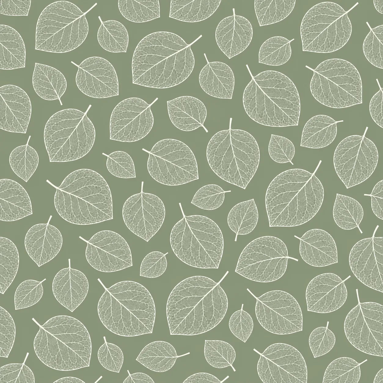 Seamless leaf pattern with white leaf line art on a sage background