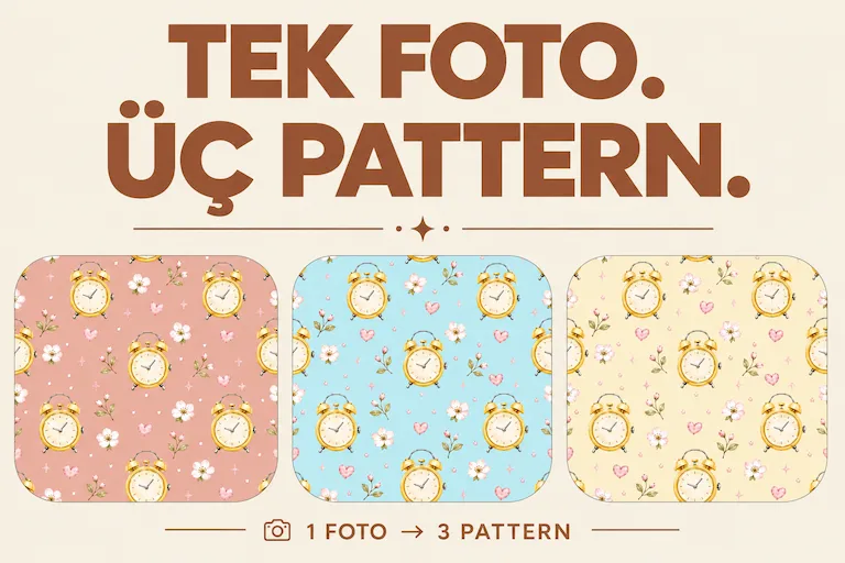 Tek bir saat fotoğrafından yapay zekâ ile oluşturulan üç pattern tasarımı